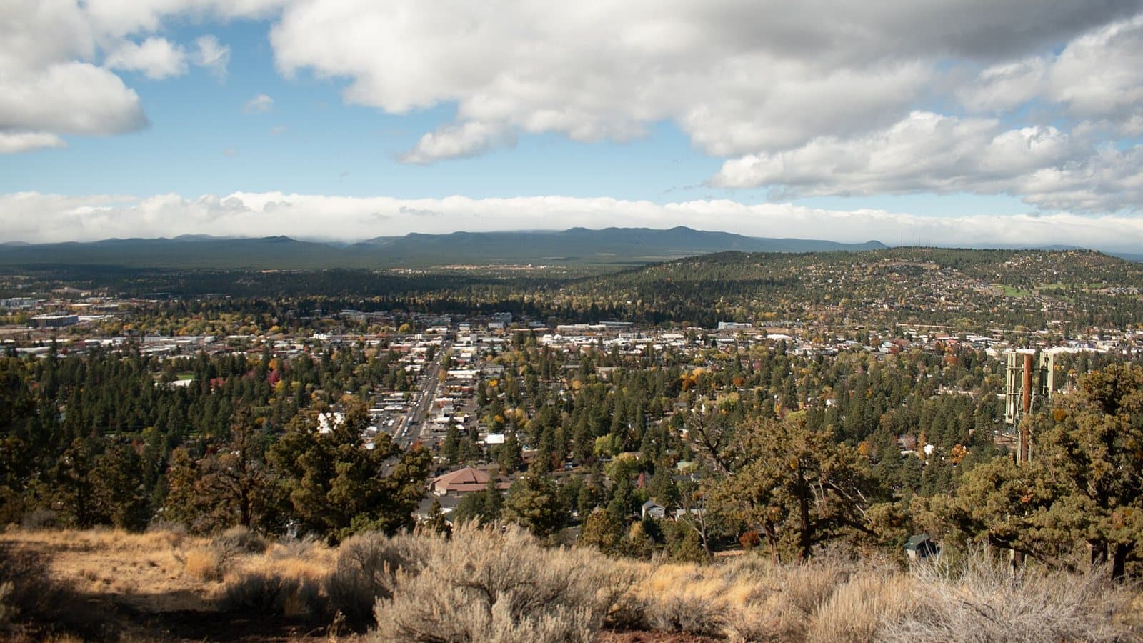 Bend neighborhoods below the Cascades, seen from Pilot Butte