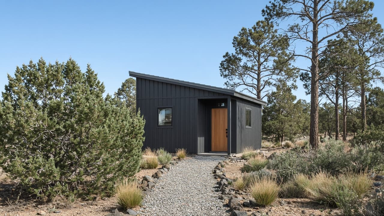 A dark modern ADU set among pines and rock